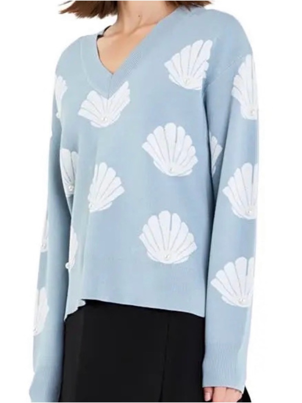 English Factory Light Baby Blue Sea Shell Motif Pearl Ribbed Knit V-Neck Sweater